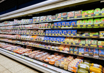 Langes Kühlregal im Supermarkt mit verpackter Wurst, Aufschnitt und Fleischwaren.
